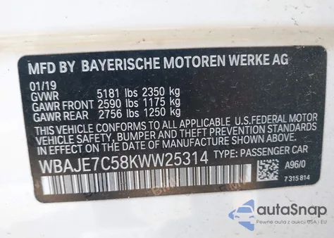 2019 BMW 540I xDrive from USA, damaged, VIN WBAJE7C58KWW25314